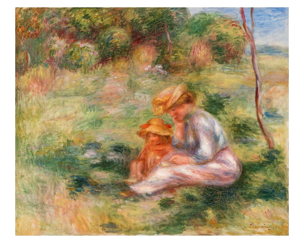 Pierre-Auguste Renoir art print, famous painting, Woman and Child in the Grass