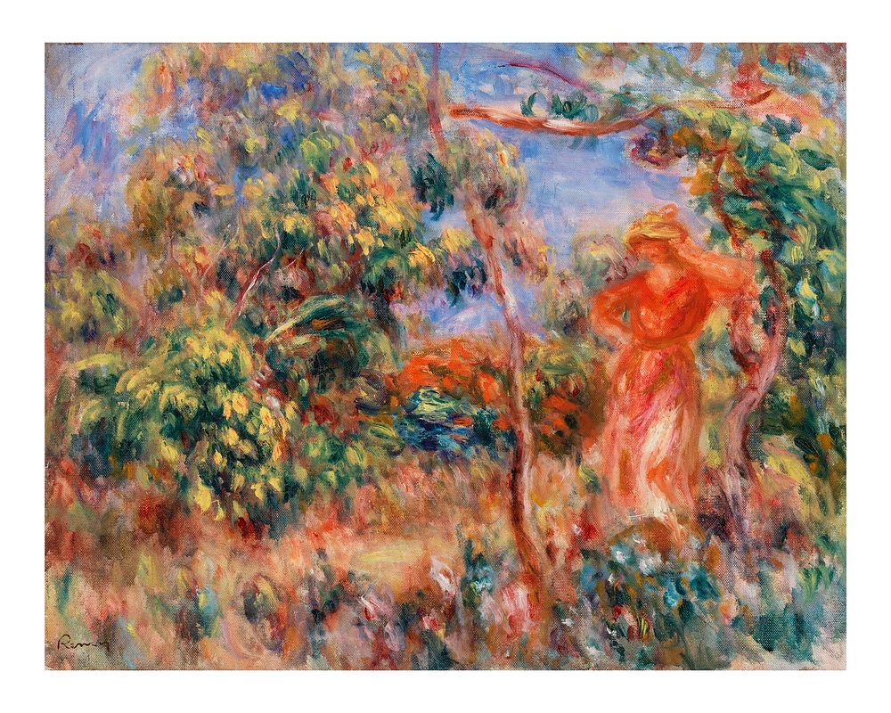 Pierre-Auguste Renoir art print, famous painting, Woman in Red in a Landscape