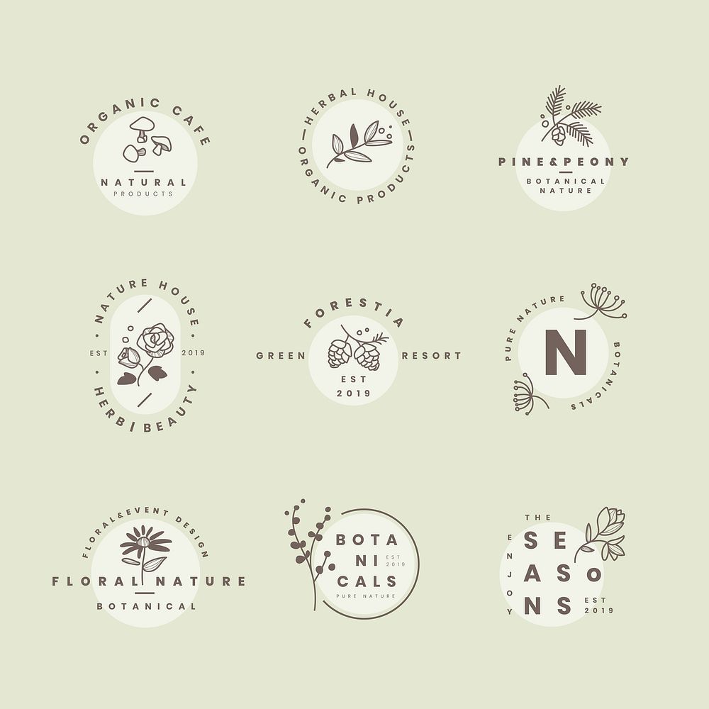 Aesthetic flower logo templates, botanical illustration vector set