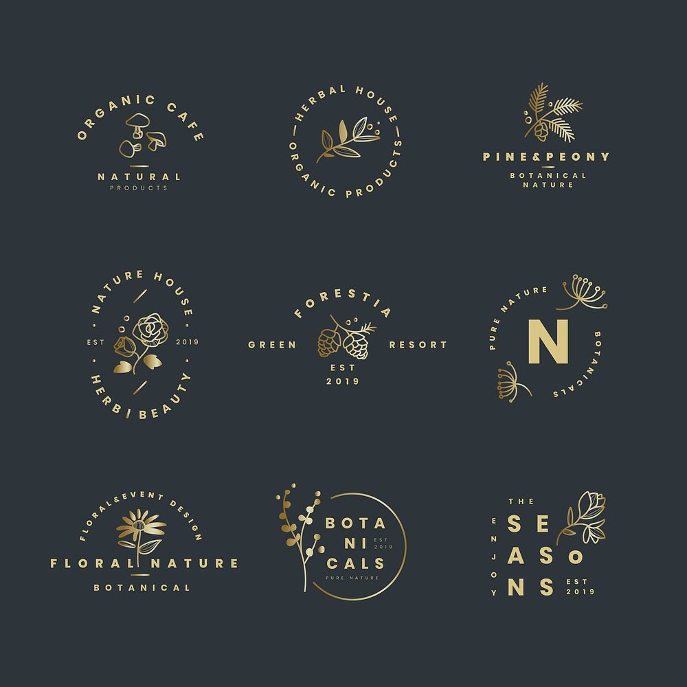 Gold flower logo templates, elegant botanical illustration psd collection