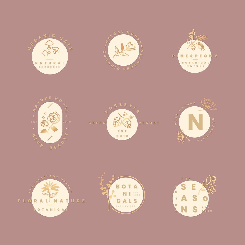 Gold flower logo templates, botanical illustration vector set