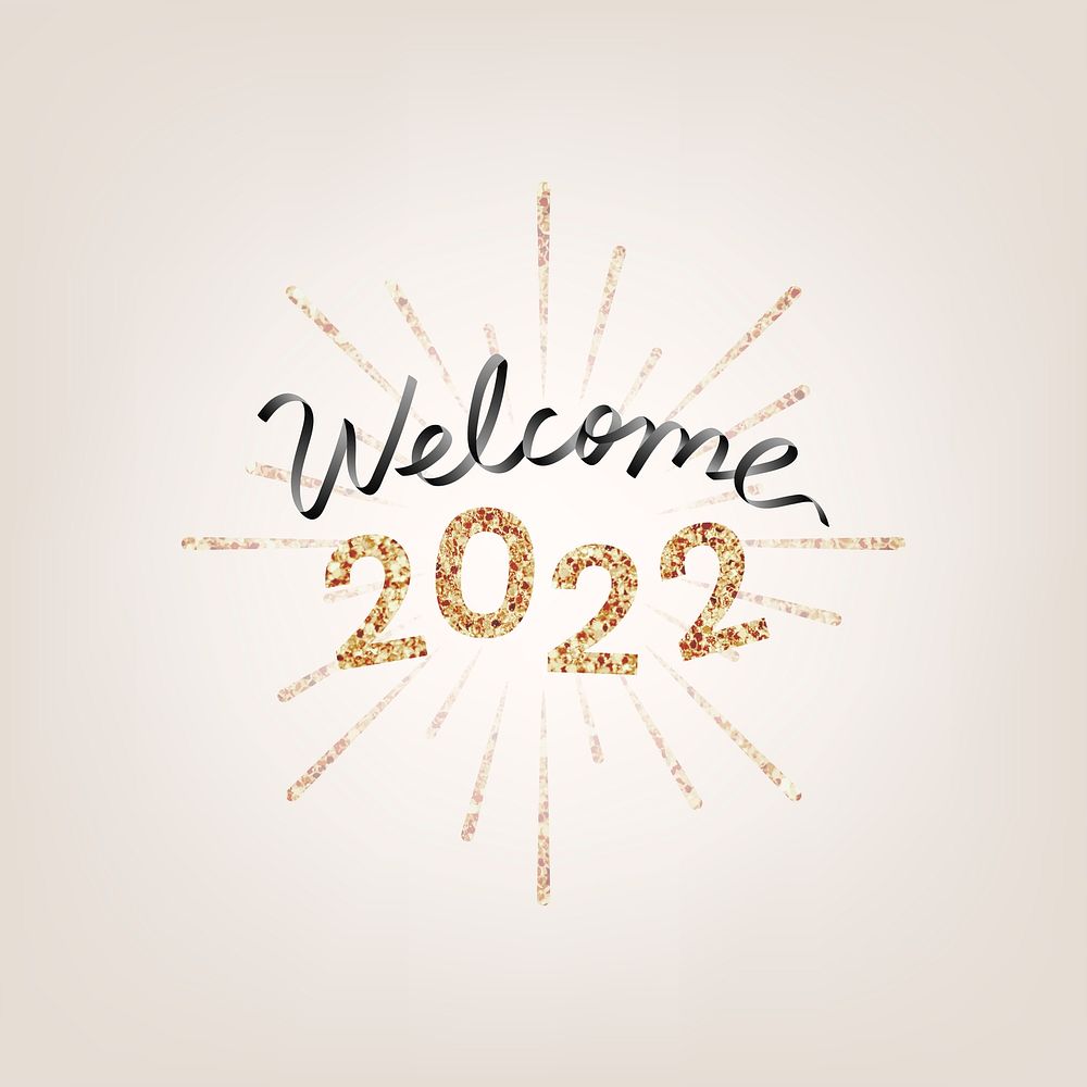 2022 gold glitter welcome new year text, aesthetic typography on gold background psd