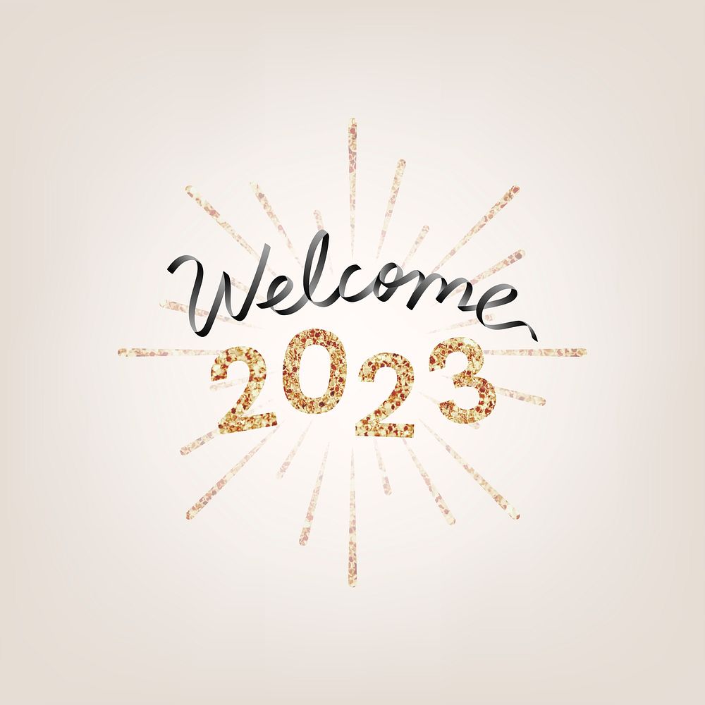 2023 gold glitter welcome new year text, aesthetic typography on gold background psd