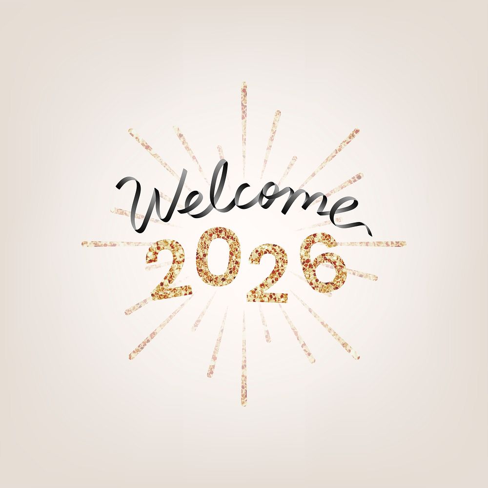 2026 gold glitter welcome new year text, aesthetic typography on gold background psd