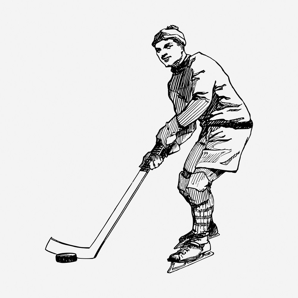 Hockey player drawing, vintage sport illustration. Free public domain CC0 image.