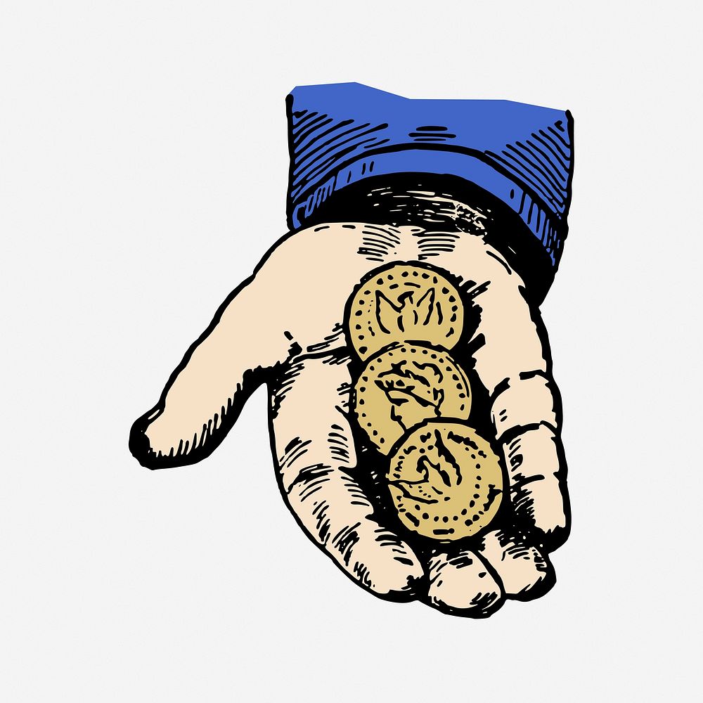 Hand holding coins clipart, vintage finance illustration. Free public domain CC0 image.
