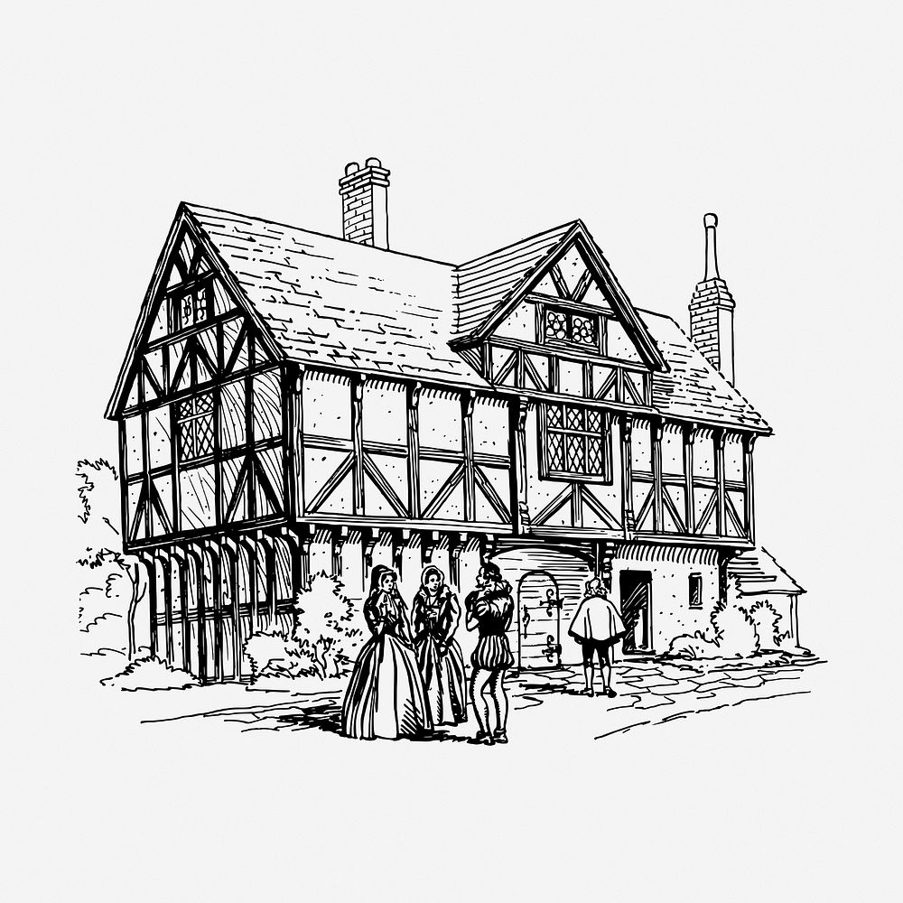 Half-timber house drawing, vintage architecture illustration. Free public domain CC0 image.