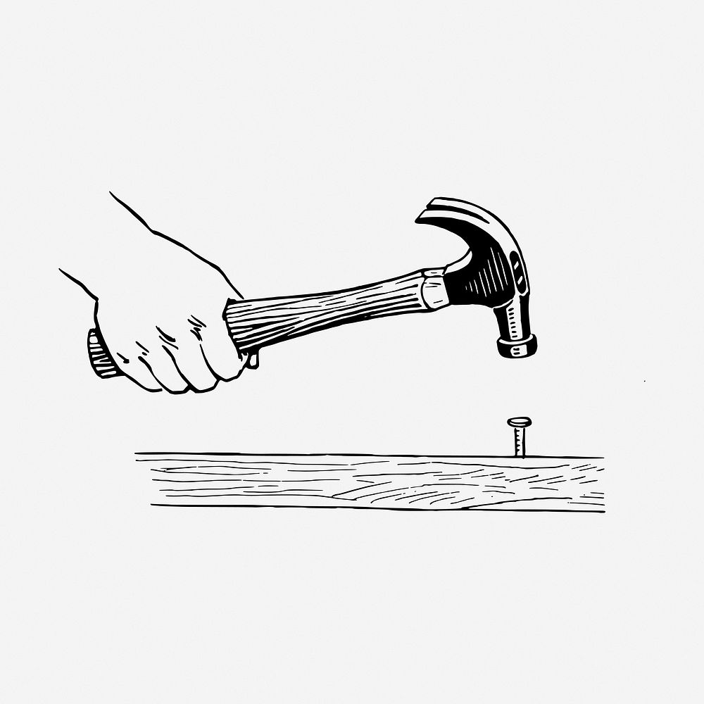 Hand holding hammer drawing, vintage illustration. Free public domain CC0 image.