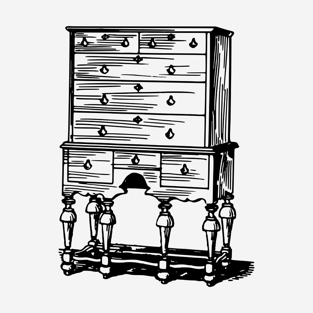 Wooden drawers drawing, vintage furniture illustration. Free public domain CC0 image.