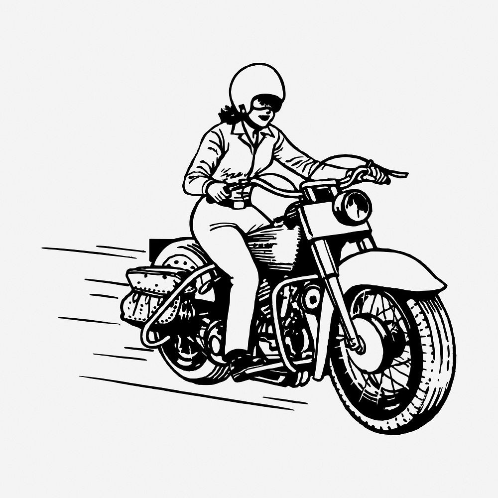 Woman biker drawing, vintage vehicle illustration. Free public domain CC0 image.
