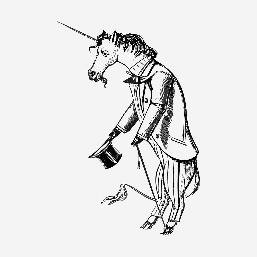 Unicorn wearing suit drawing, vintage cartoon illustration. Free public domain CC0 image.