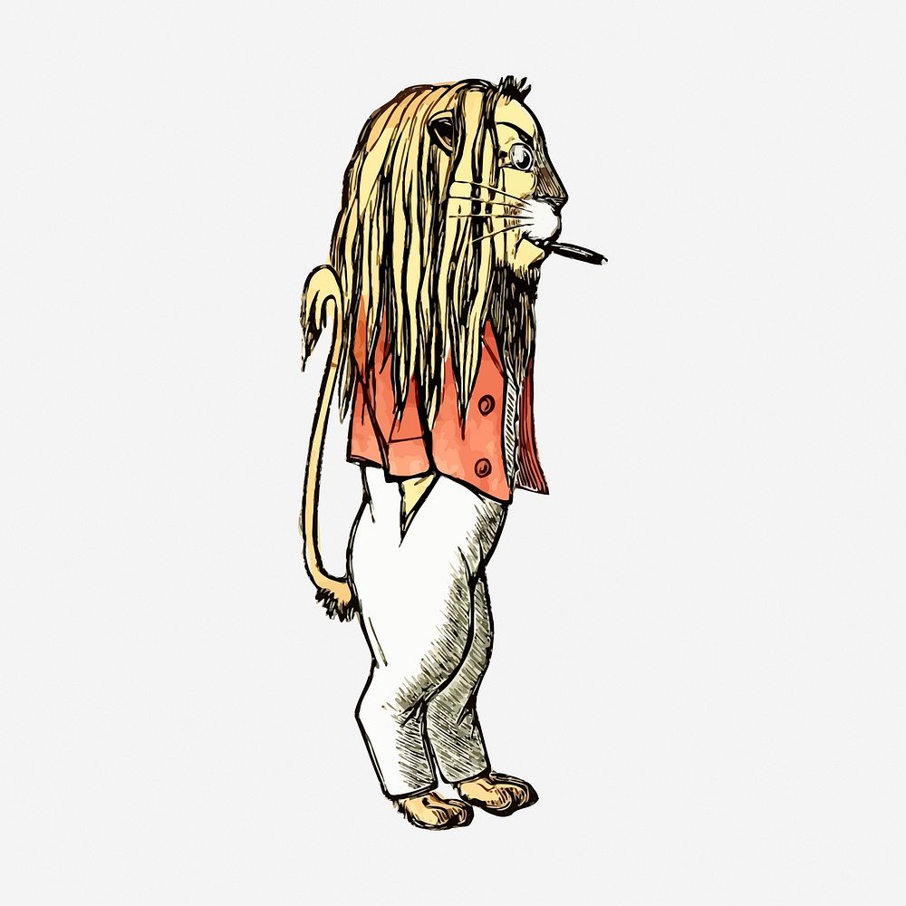 Smoking lion clipart, vintage cartoon illustration. Free public domain CC0 image.