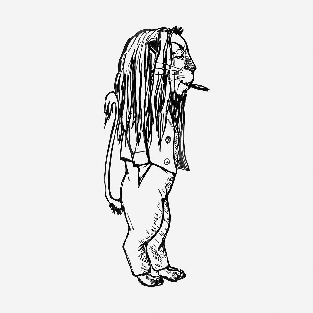 Smoking lion drawing, vintage cartoon illustration. Free public domain CC0 image.