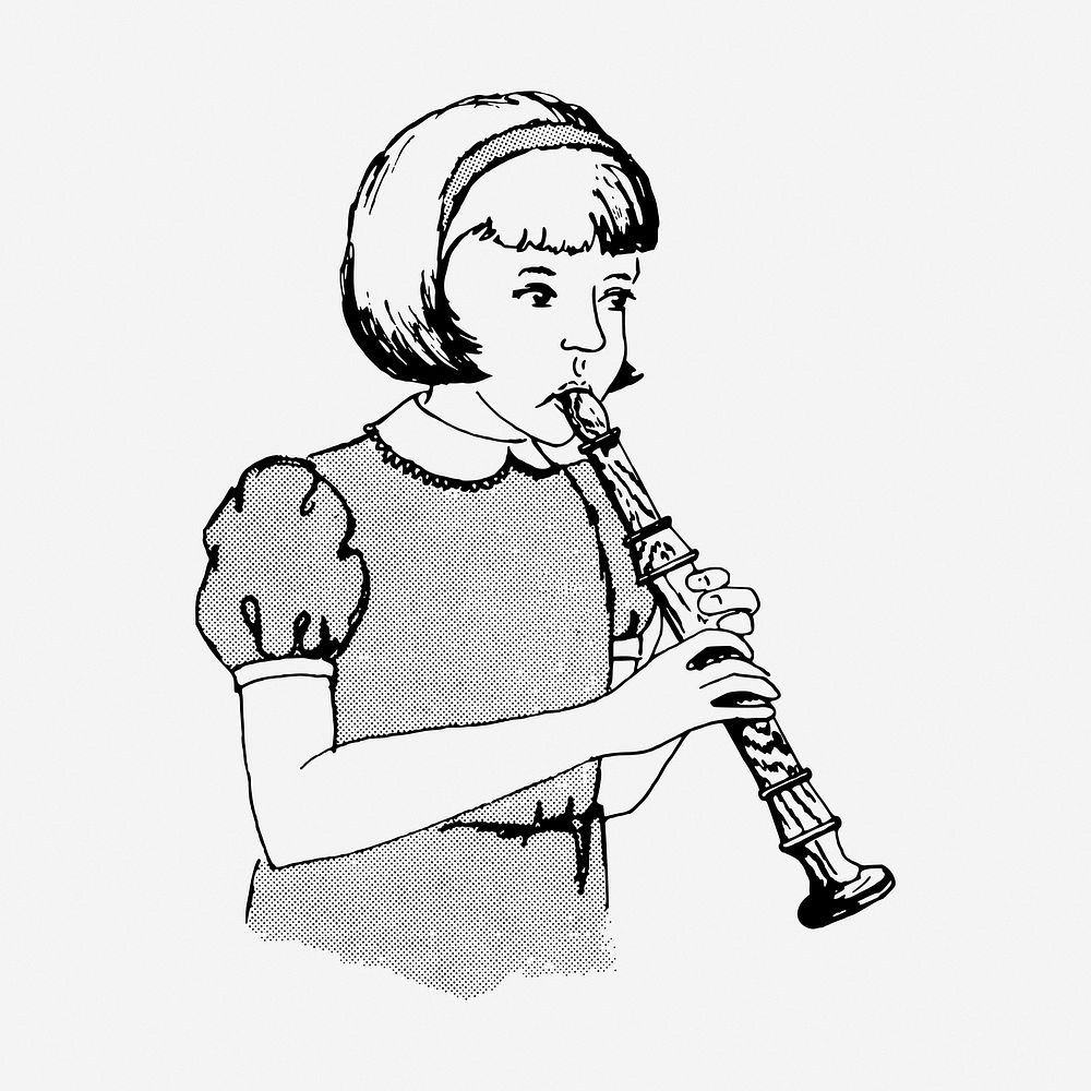Girl playing flute drawing, vintage music illustration. Free public domain CC0 image.