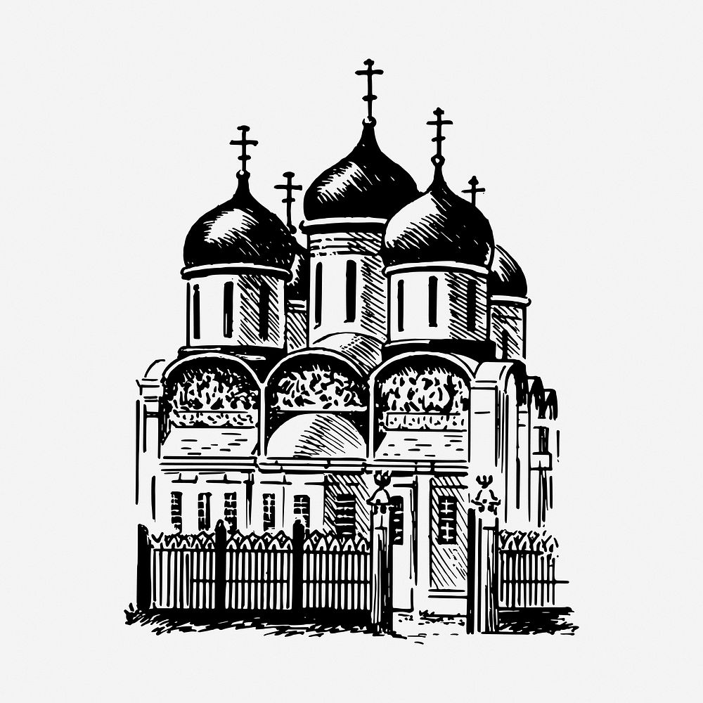 Russian buildings drawing, Byzantine architecture illustration. Free public domain CC0 image.