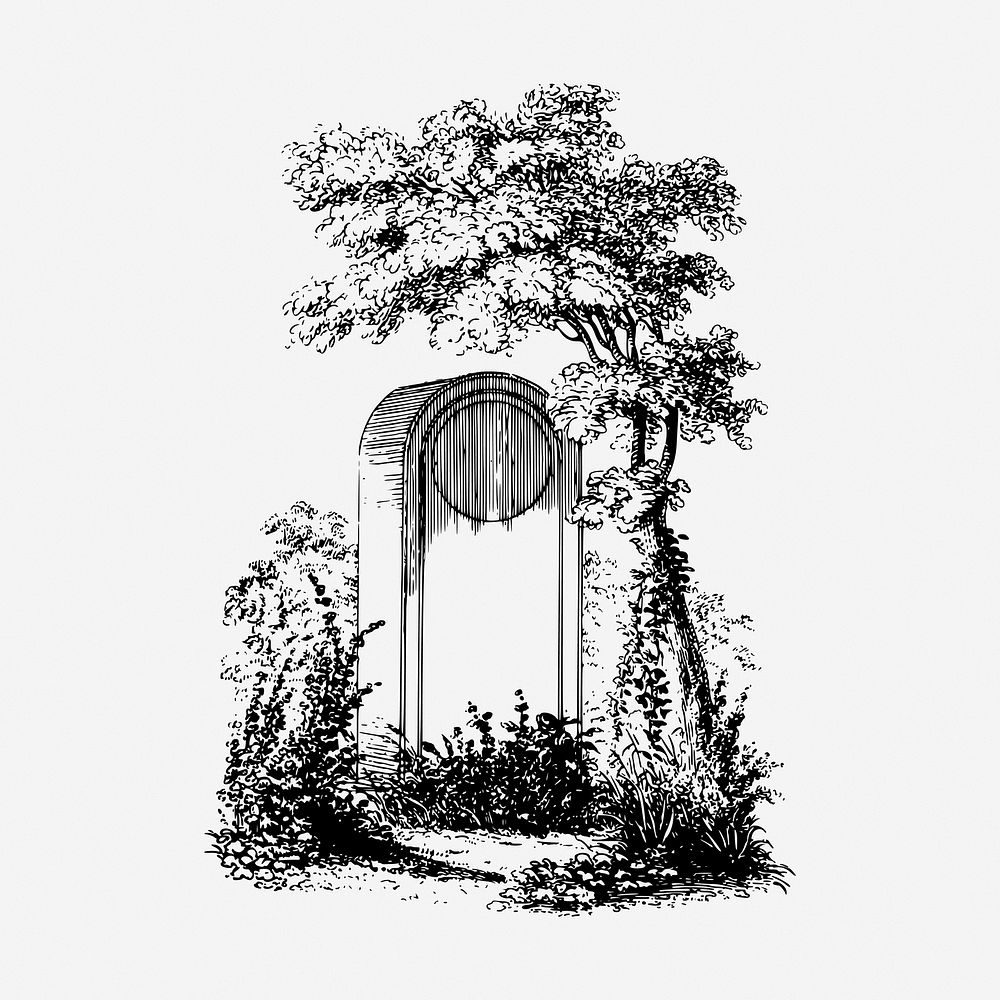 Graveyard drawing, vintage botanical illustration. Free public domain CC0 image.