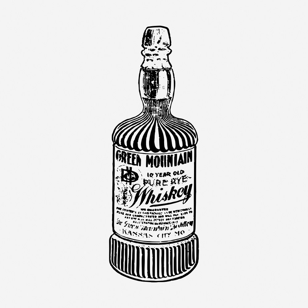 Whiskey bottle drawing, alcoholic beverage illustration. Free public domain CC0 image.
