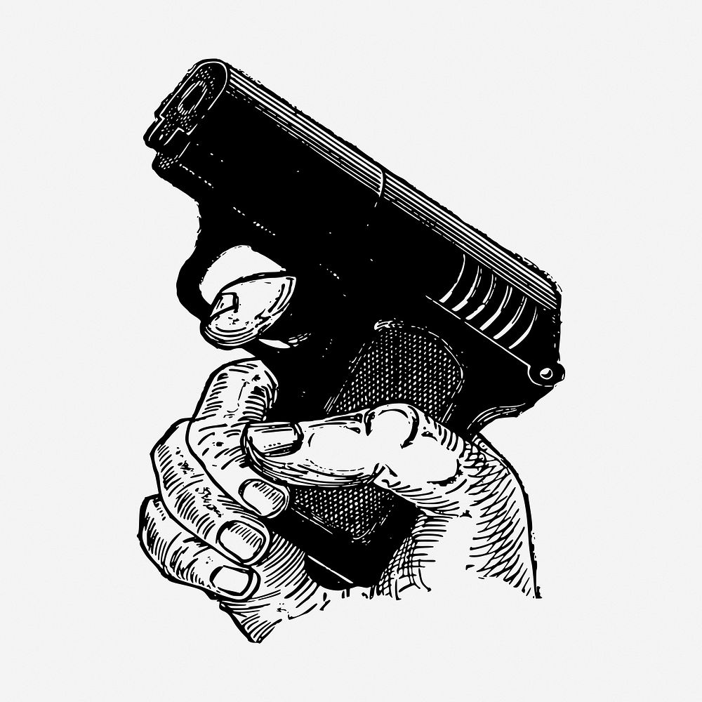 Hand holding gun drawing, vintage weapon illustration. Free public domain CC0 image.