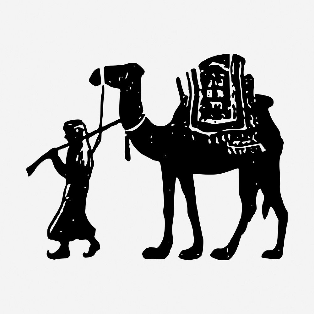 Man pulling camel drawing, vintage transportation illustration. Free public domain CC0 image.