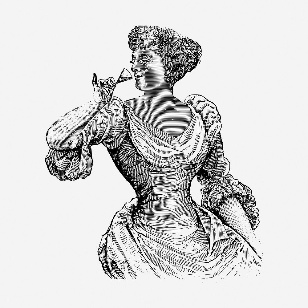 Victorian woman drinking drawing, vintage illustration. Free public domain CC0 image.