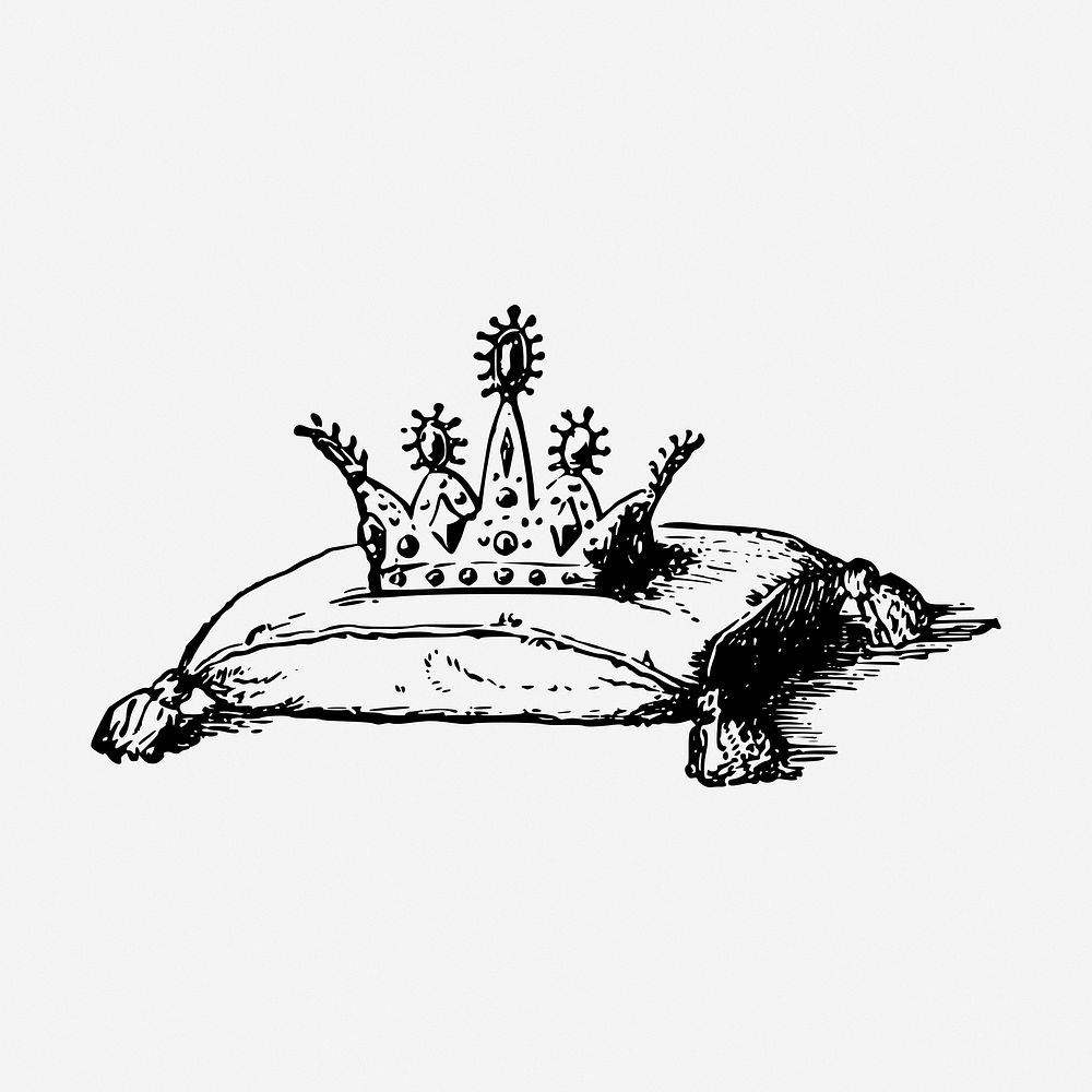 Crown on cushion drawing, vintage object illustration. Free public domain CC0 image.