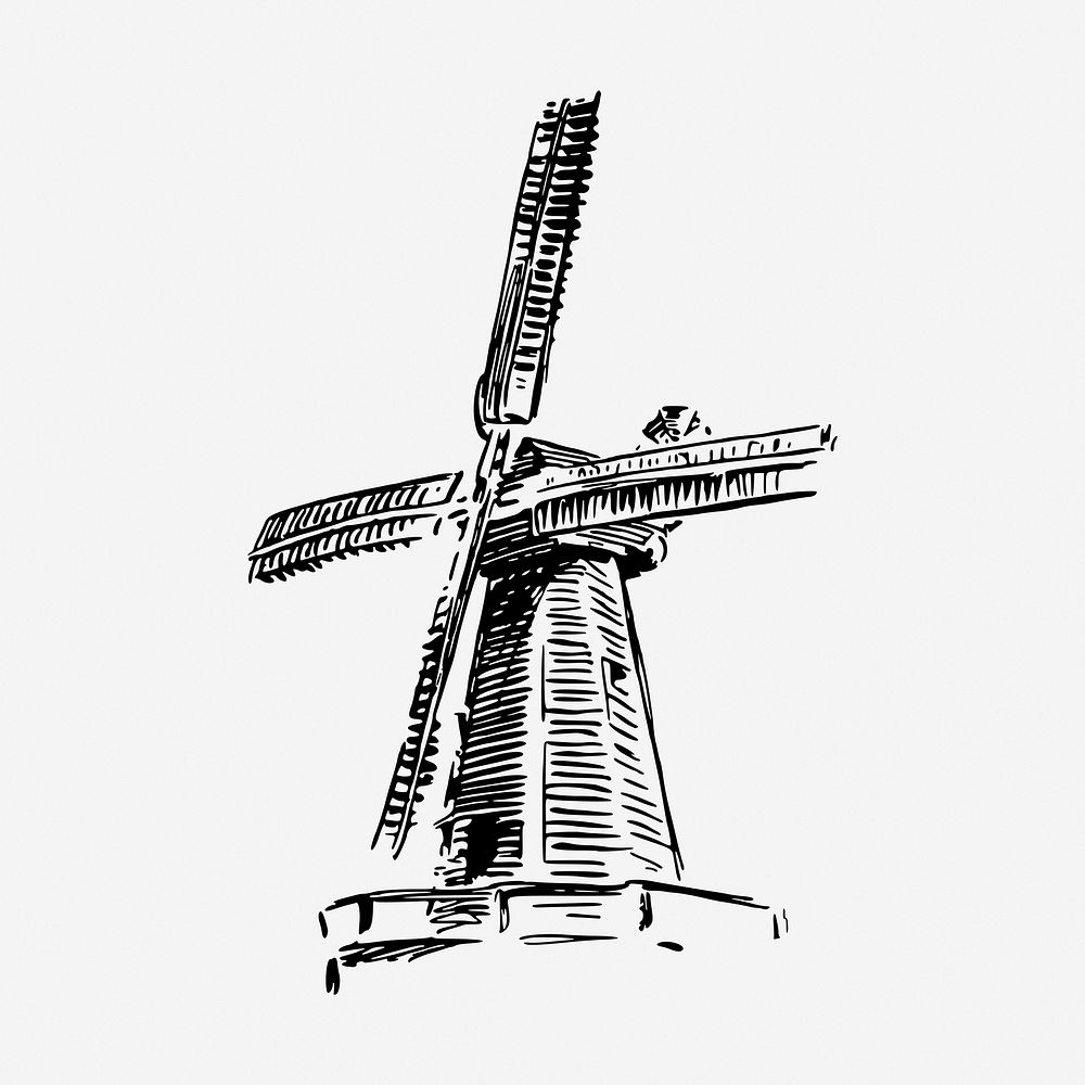 Windmill drawing, vintage environment illustration. Free public domain CC0 image.