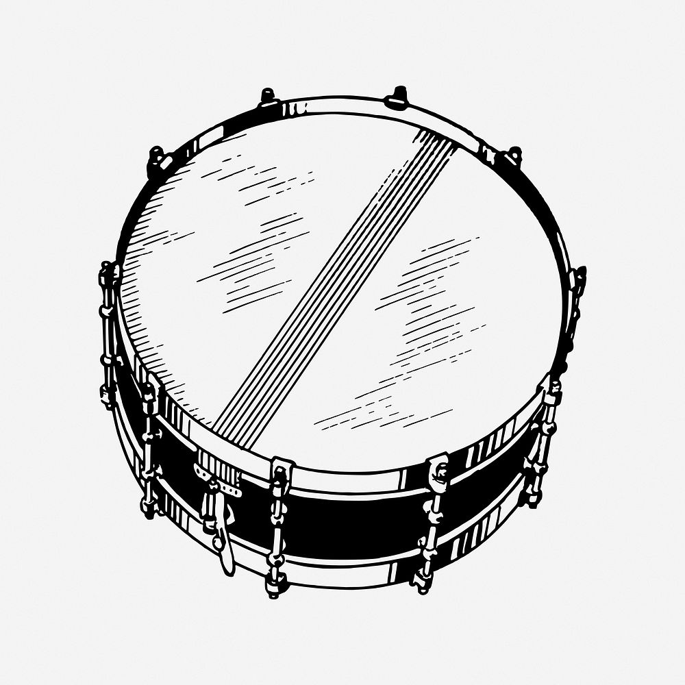 Snare drum drawing, vintage musical instrument illustration. Free public domain CC0 image.