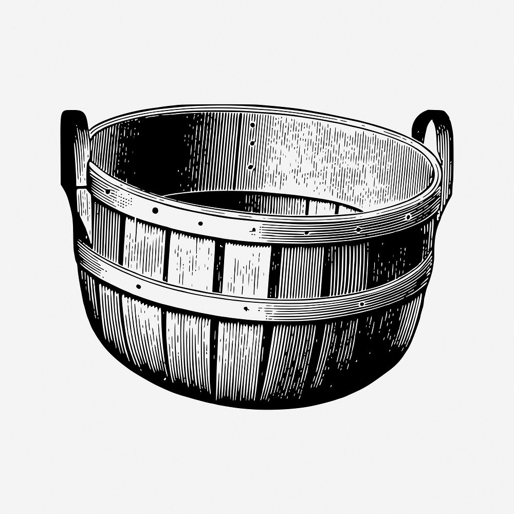 Wooden bucket drawing, vintage object illustration. Free public domain CC0 image.