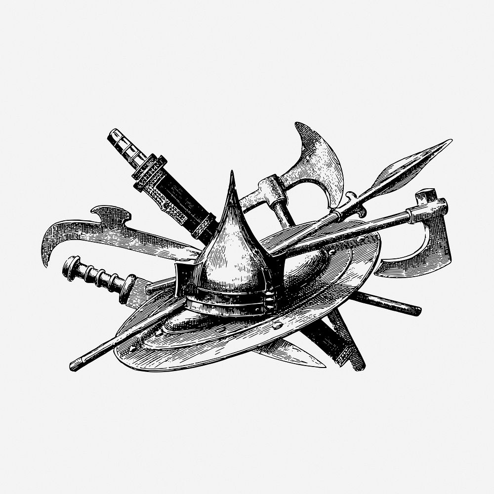 Medieval weapons drawing, vintage object illustration. Free public domain CC0 image.