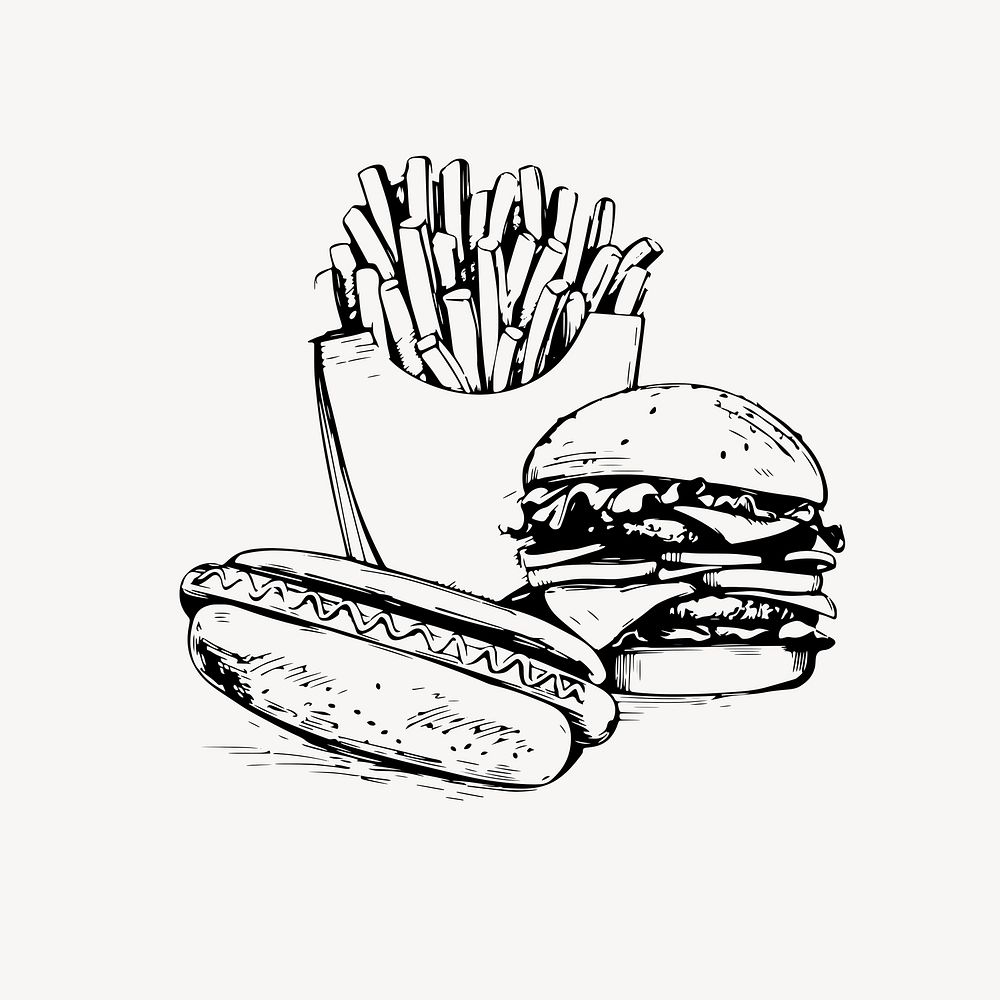 Junk food drawing, vintage illustration vector. Free public domain CC0 image.