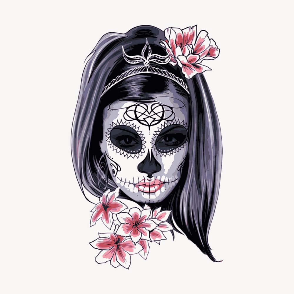 Sugar skull makeup clipart, Day of the Dead traditional illustration. Free public domain CC0 image.