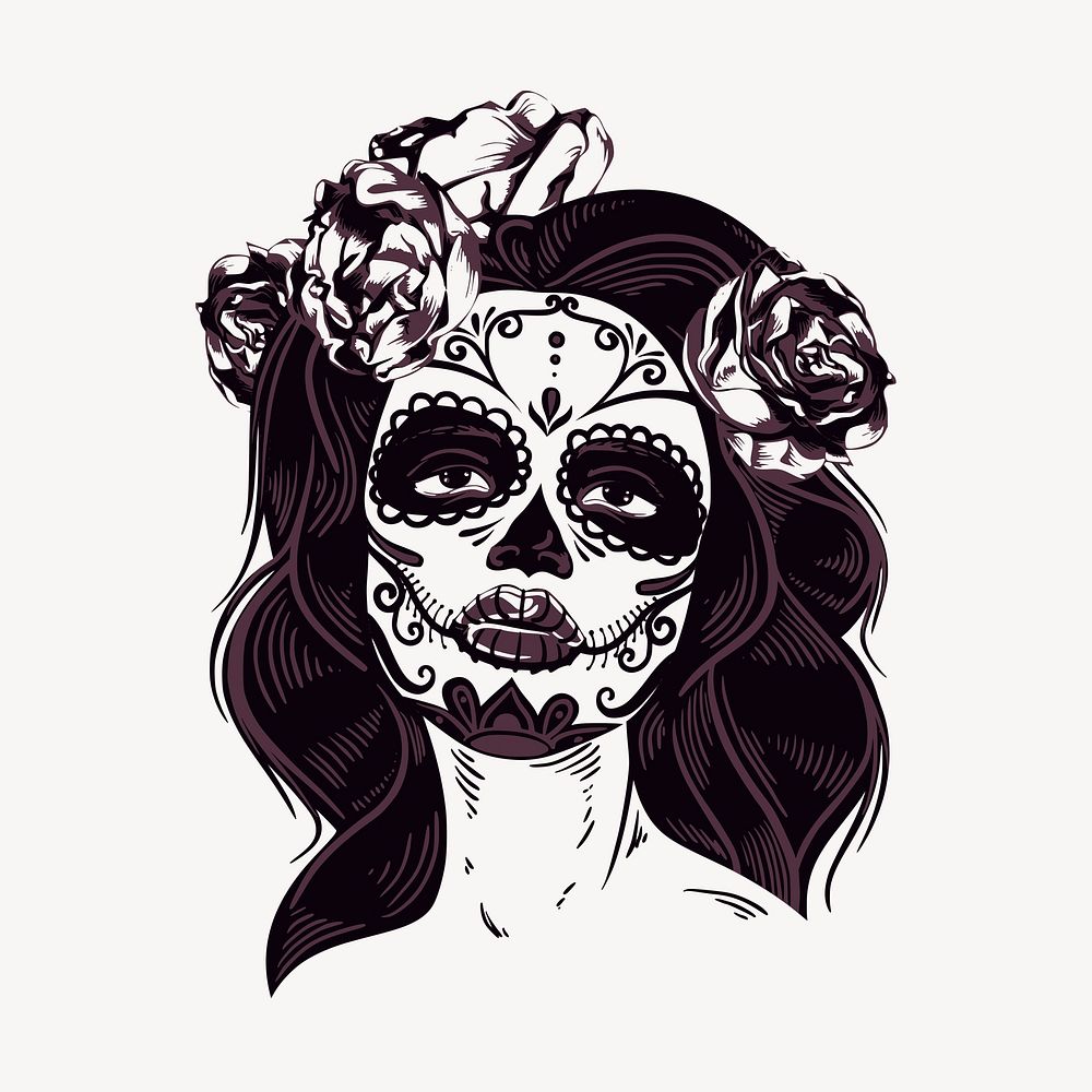 Sugar skull makeup clipart, Day of the Dead traditional illustration. Free public domain CC0 image.