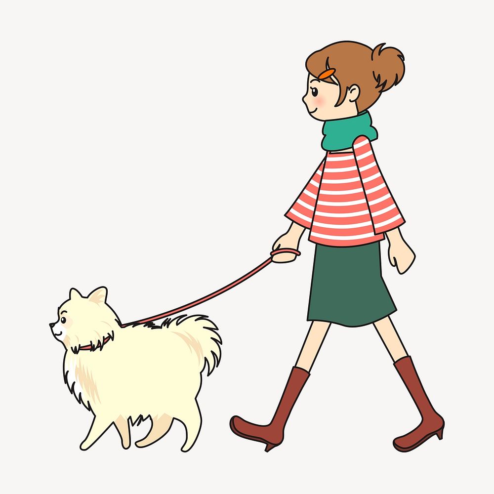 Woman walking dog clipart, daily routine illustration. 