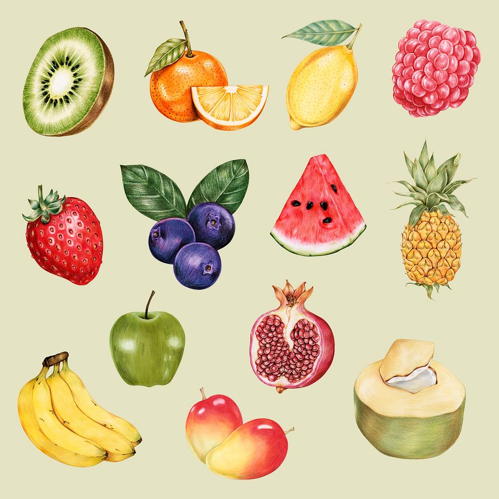 Summer fruits illustration psd sticker set