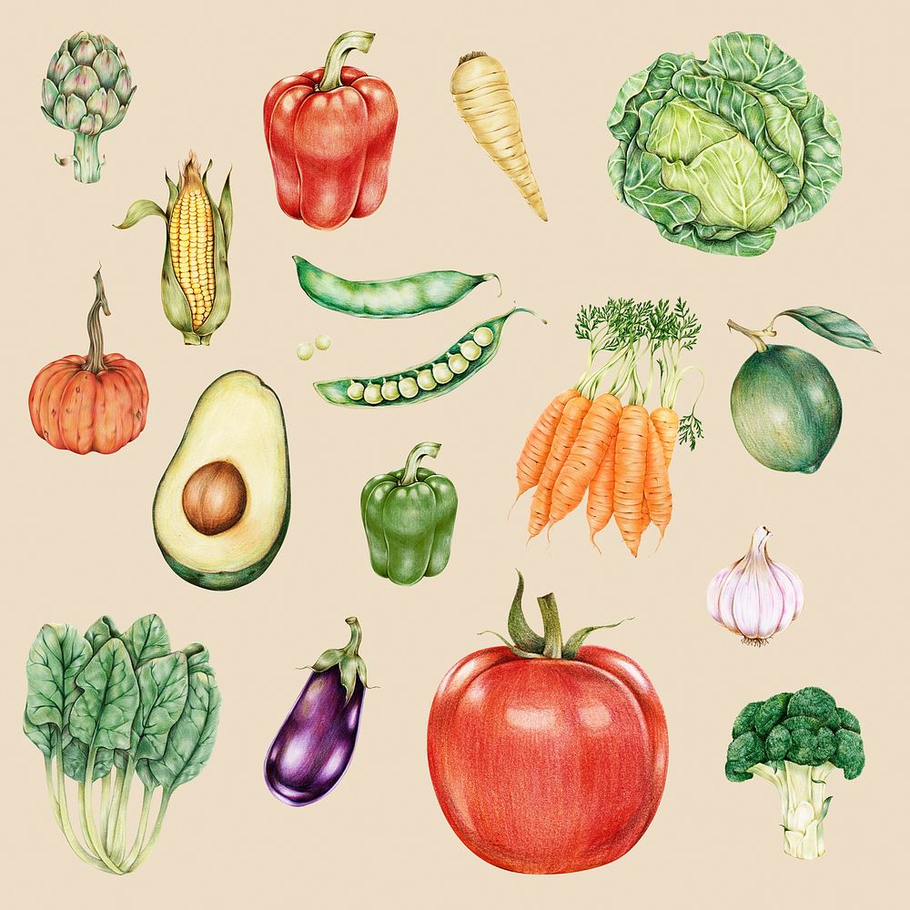 Organic vegetables illustration psd raw food sticker mixed
