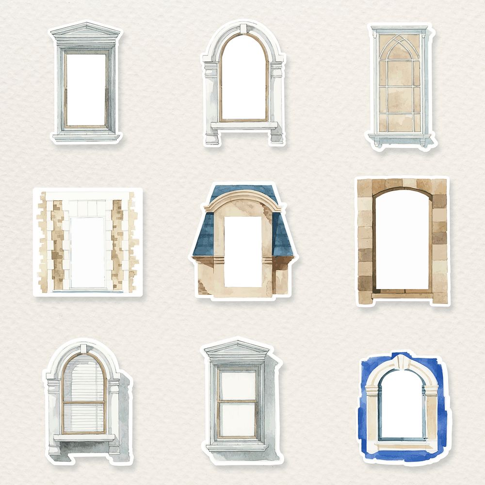 Psd old window architecture watercolor clipart set