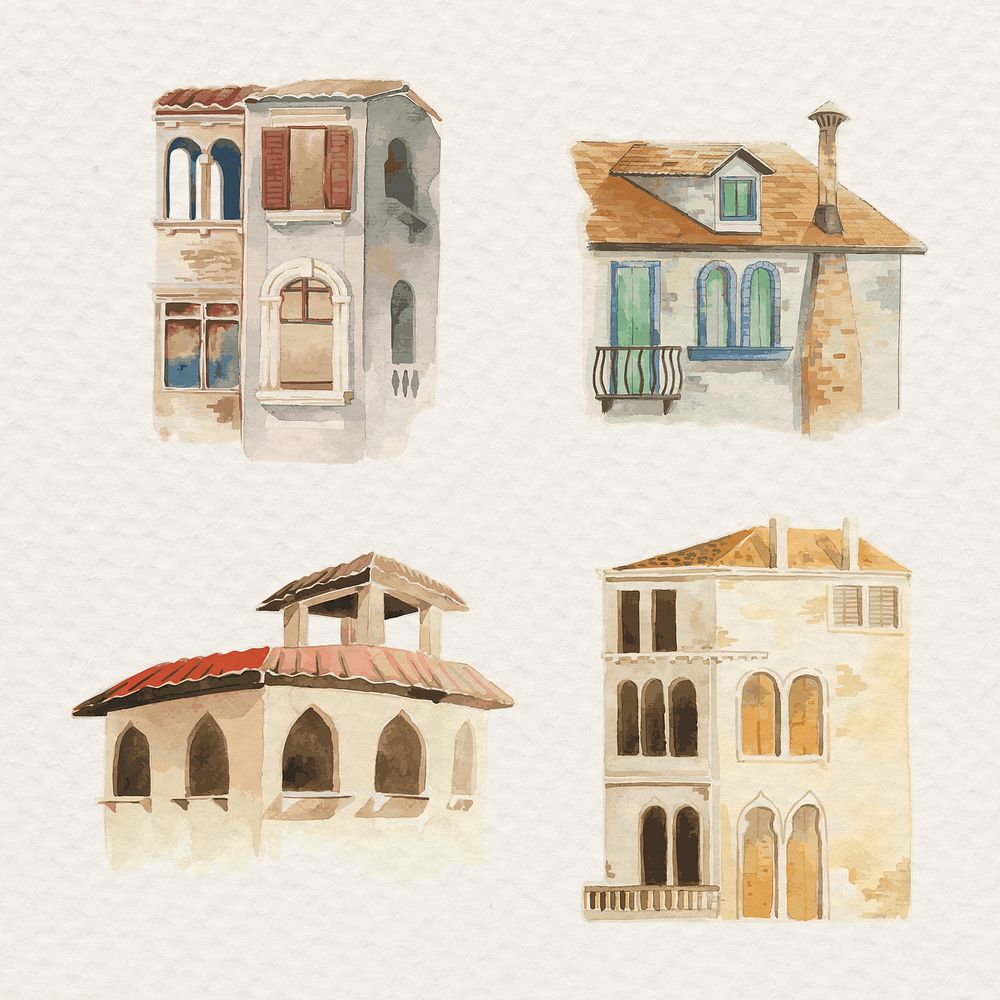 Psd old European building architecture watercolor illustration set