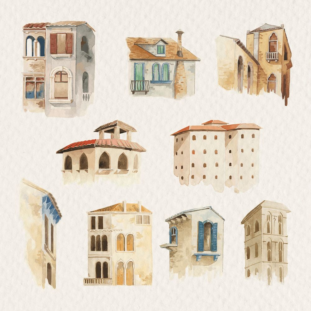 Psd vintage European architecture watercolor illustration collection hand drawn 