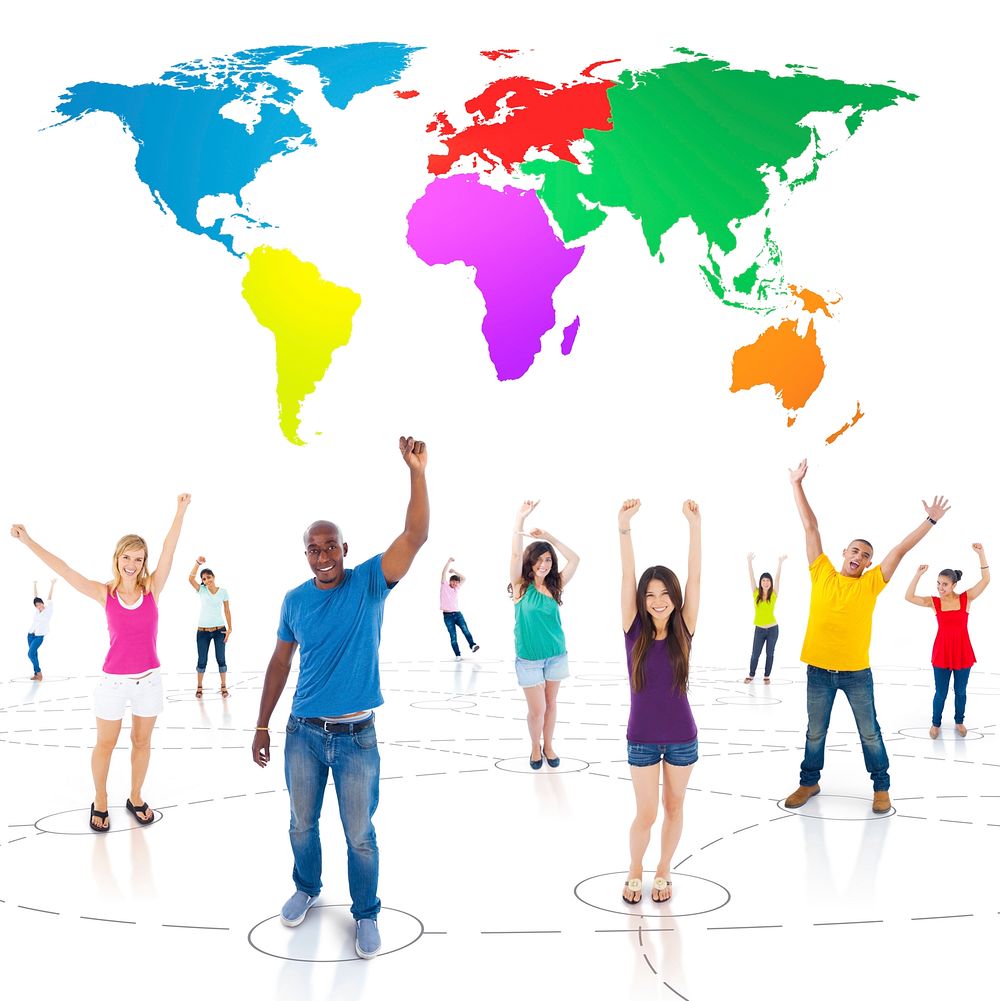 Connected Multi-Ethnic People Arms Raised and Colorful World Above