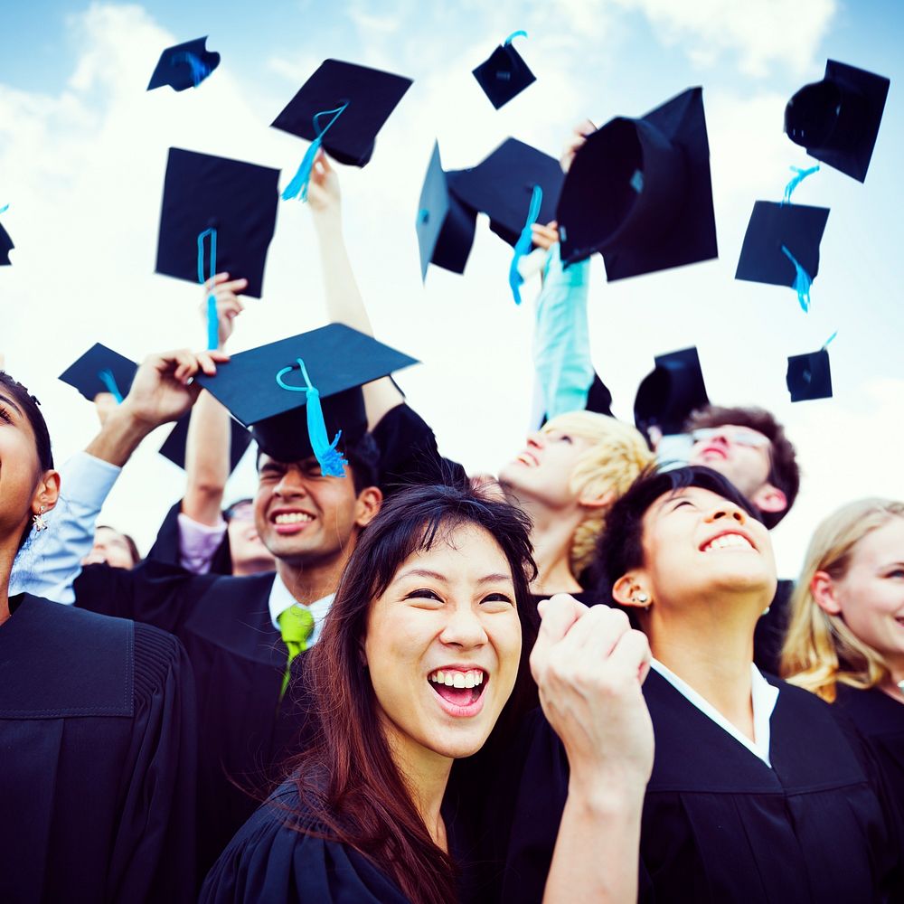 Graduation Caps Thrown Happiness Success Premium Photo Rawpixel 