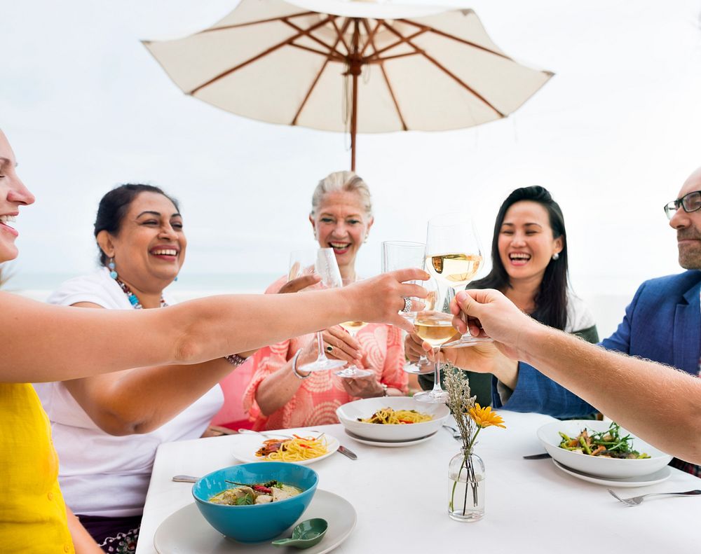 Mature Friends Fine Dining Outdoors Concept