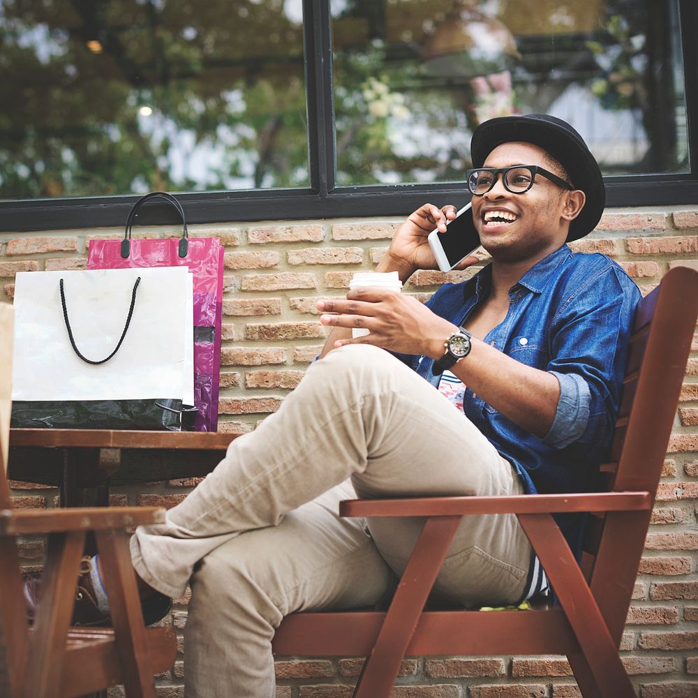 Man Shopping Outdoor Talking Mobile Phone Concept