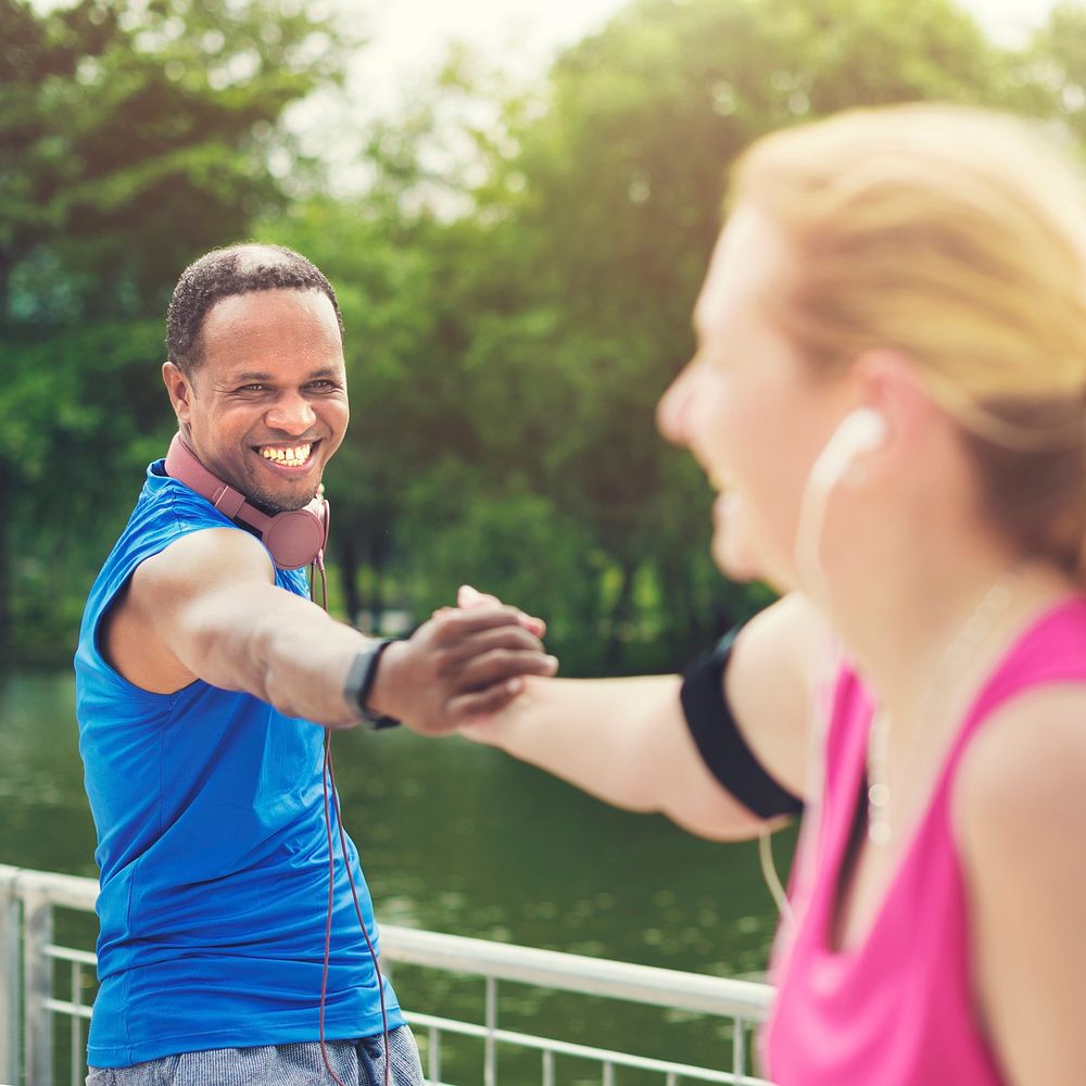 Couple Exercise Playlist Happiness Wealth Health Concept