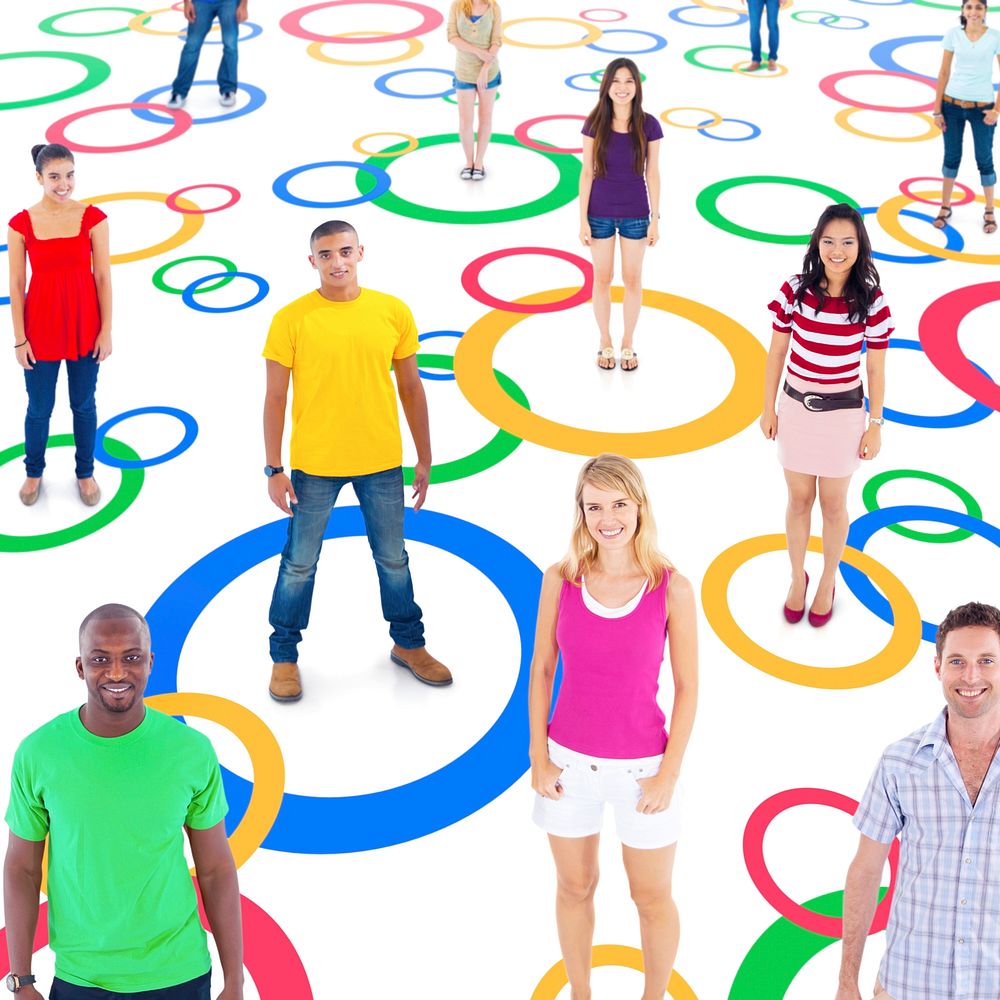 Group of Multi-Ethnic Socially Connected People on Colorful Circles