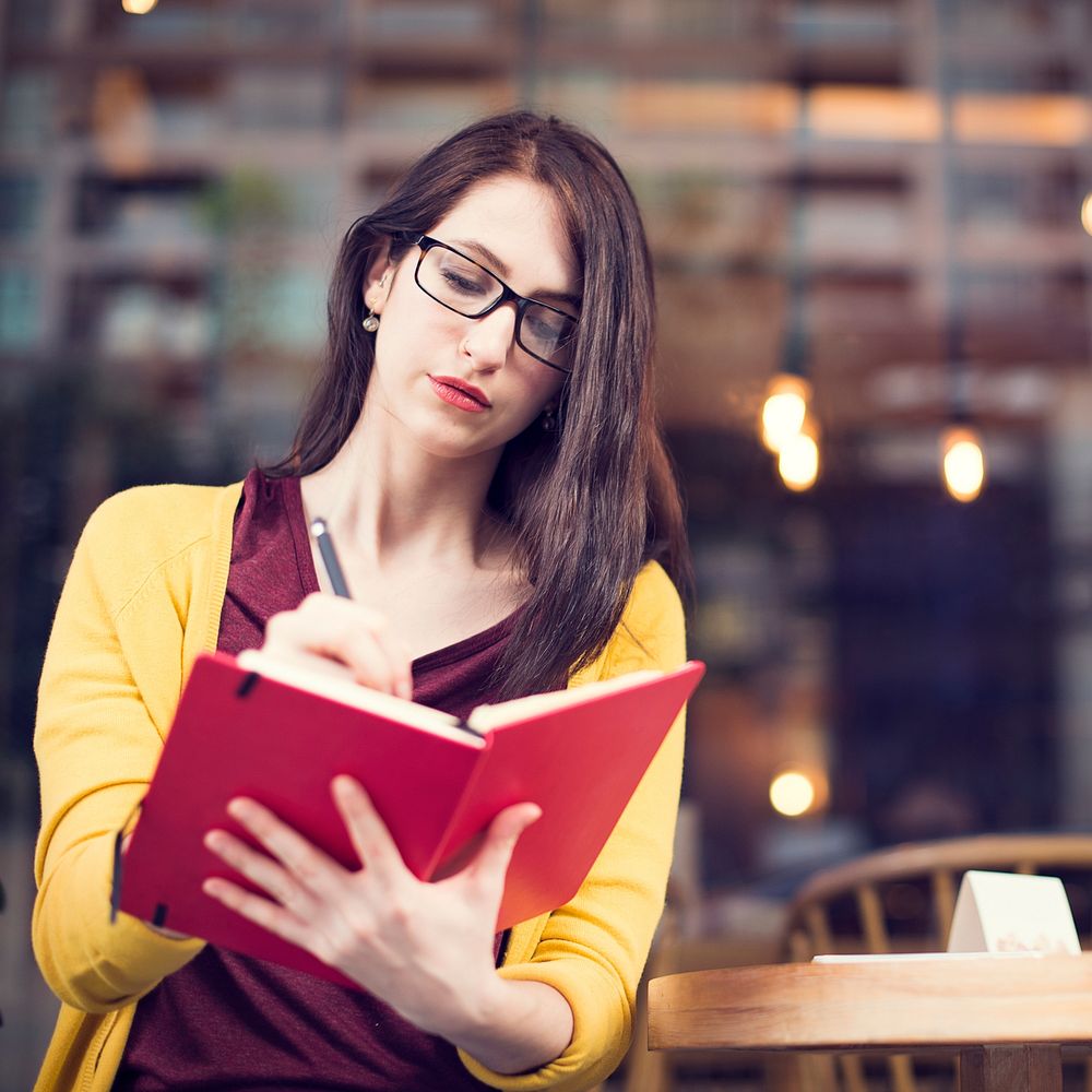 Woman Writing Studying Cafe Restaurant Relaxation Concept