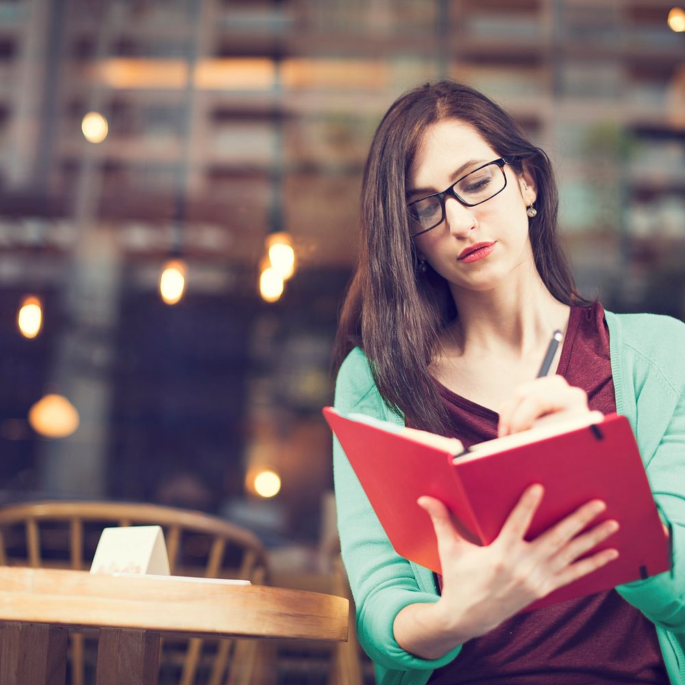 Woman Writing Studying Cafe Restaurant Relaxation Concept