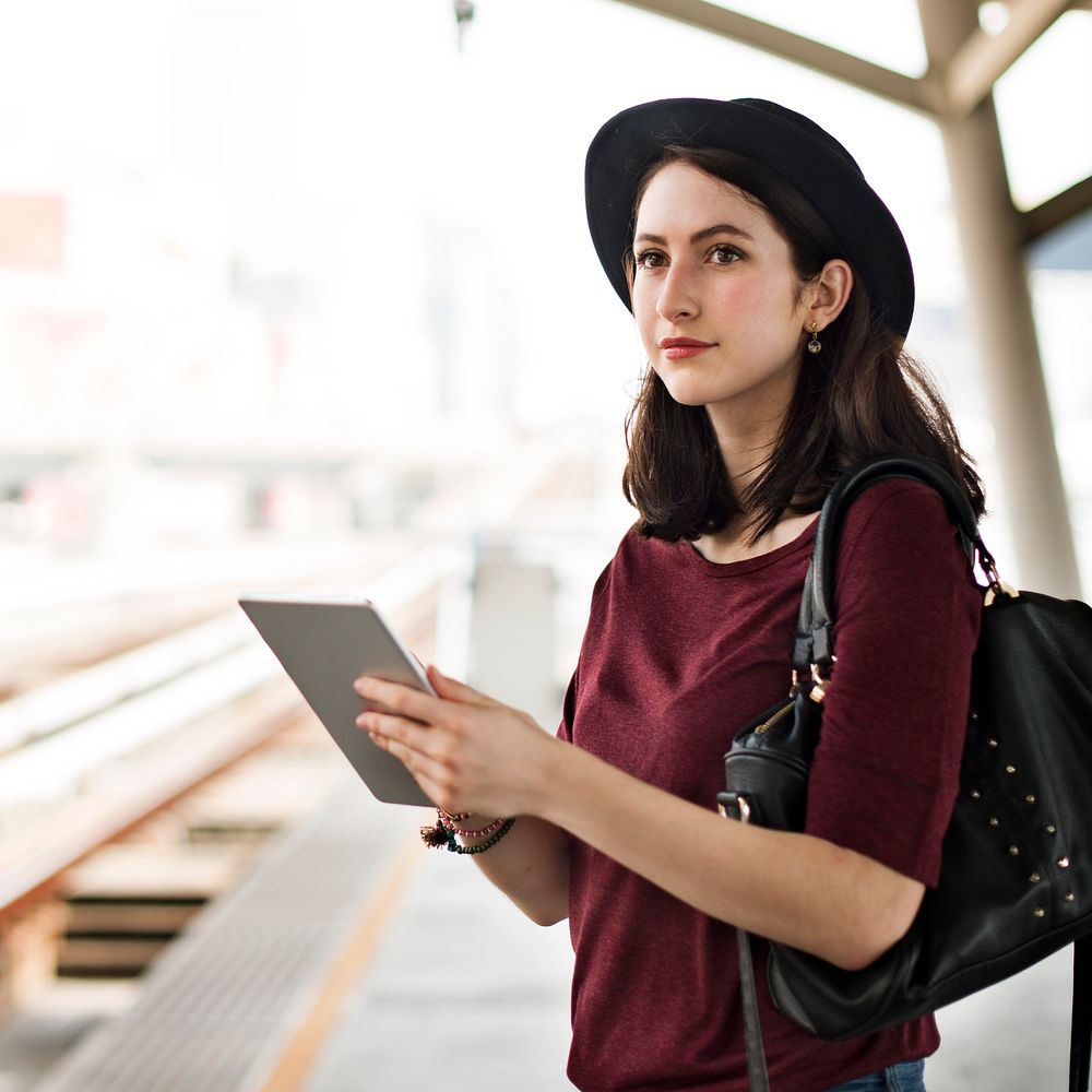 Woman Digital Tablet Trip Transportation Traveling Concept