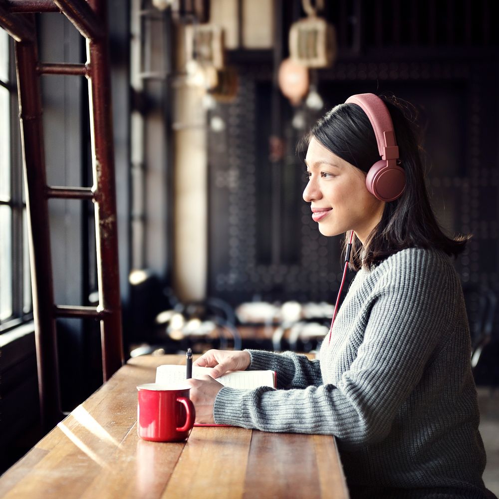 Woman Hobby Coffee Shop Listening Music Concept