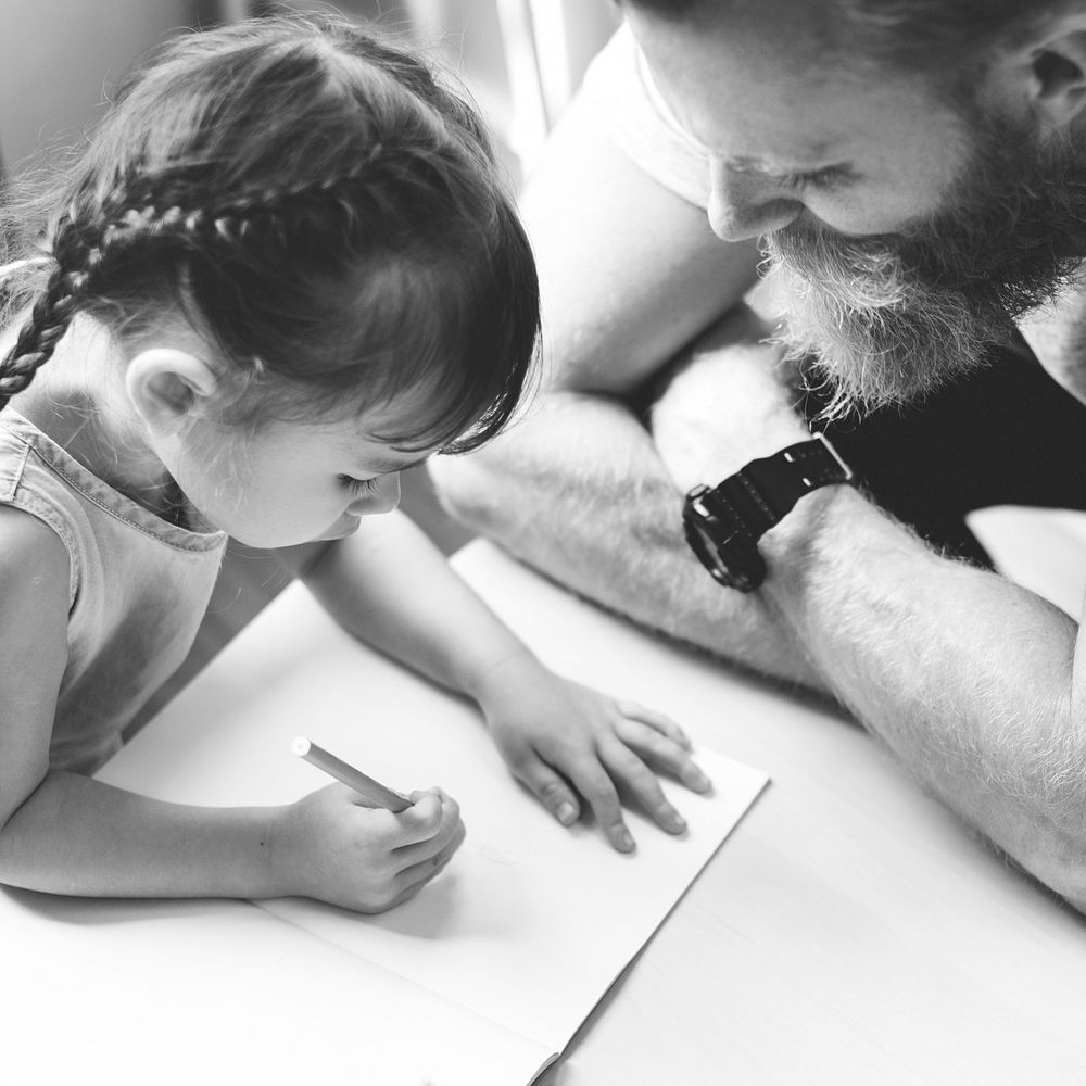 Family Father Daughter Love Parenting Teaching Drawing Togetherness Concept