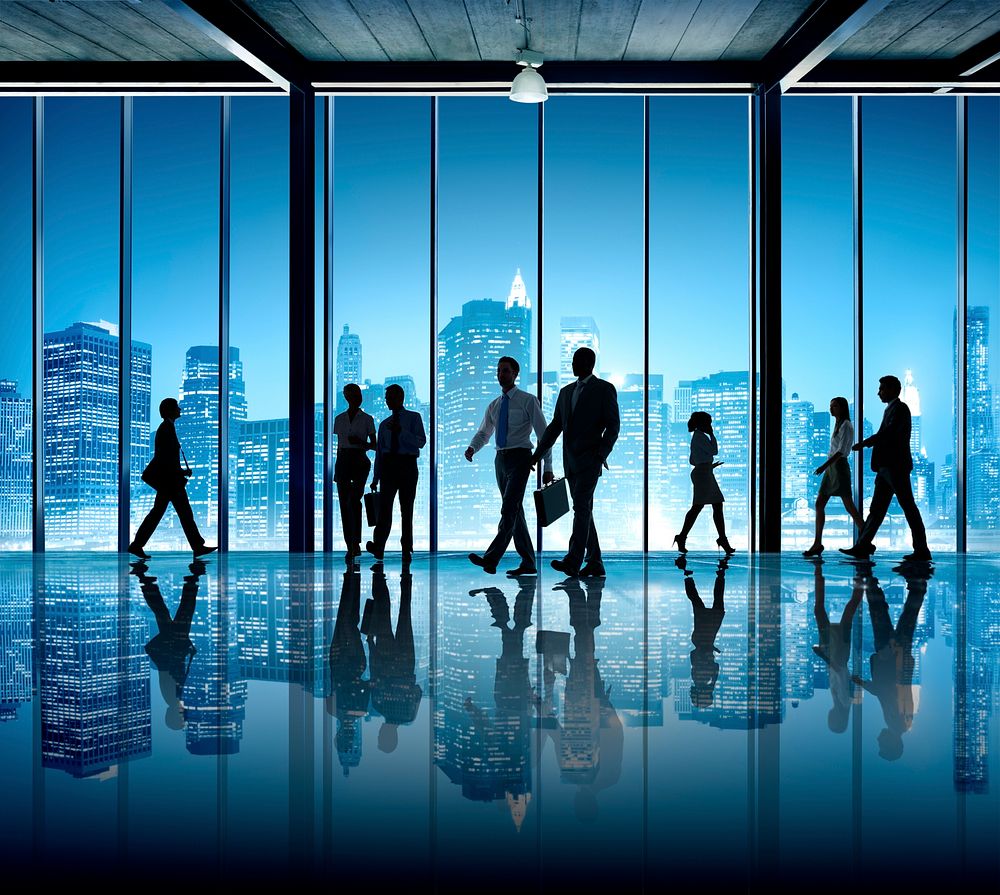 Busy Business People Silhouette Walking Company Office Building